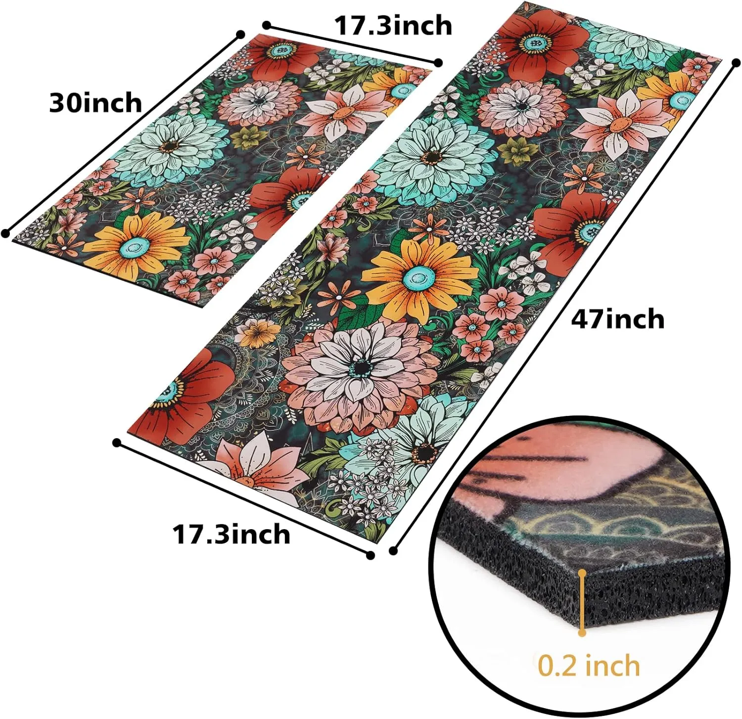 FRAMICS Kitchen Mats Sets 2 Piece, Cushioned Anti Fatigue Kitchen Mats, Washable Kitchen Rugs, Non-Slip Kitchen Floor Mats, Boho Floral Kitchen Rugs, Multicolor, 17.3"x30" 17.3"x47"