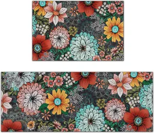 FRAMICS Kitchen Mats Sets 2 Piece, Cushioned Anti Fatigue Kitchen Mats, Washable Kitchen Rugs, Non-Slip Kitchen Floor Mats, Boho Floral Kitchen Rugs, Multicolor, 17.3"x30" 17.3"x47"