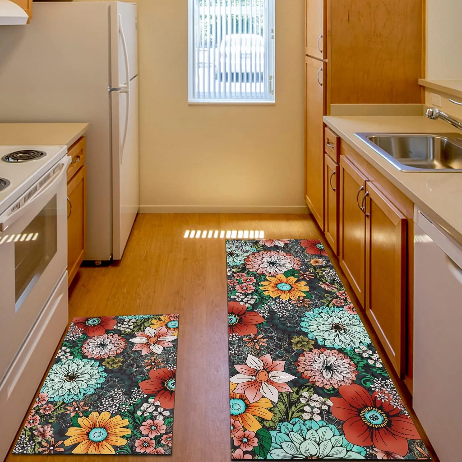 FRAMICS Kitchen Mats Sets 2 Piece, Cushioned Anti Fatigue Kitchen Mats, Washable Kitchen Rugs, Non-Slip Kitchen Floor Mats, Boho Floral Kitchen Rugs, Multicolor, 17.3"x30" 17.3"x47"