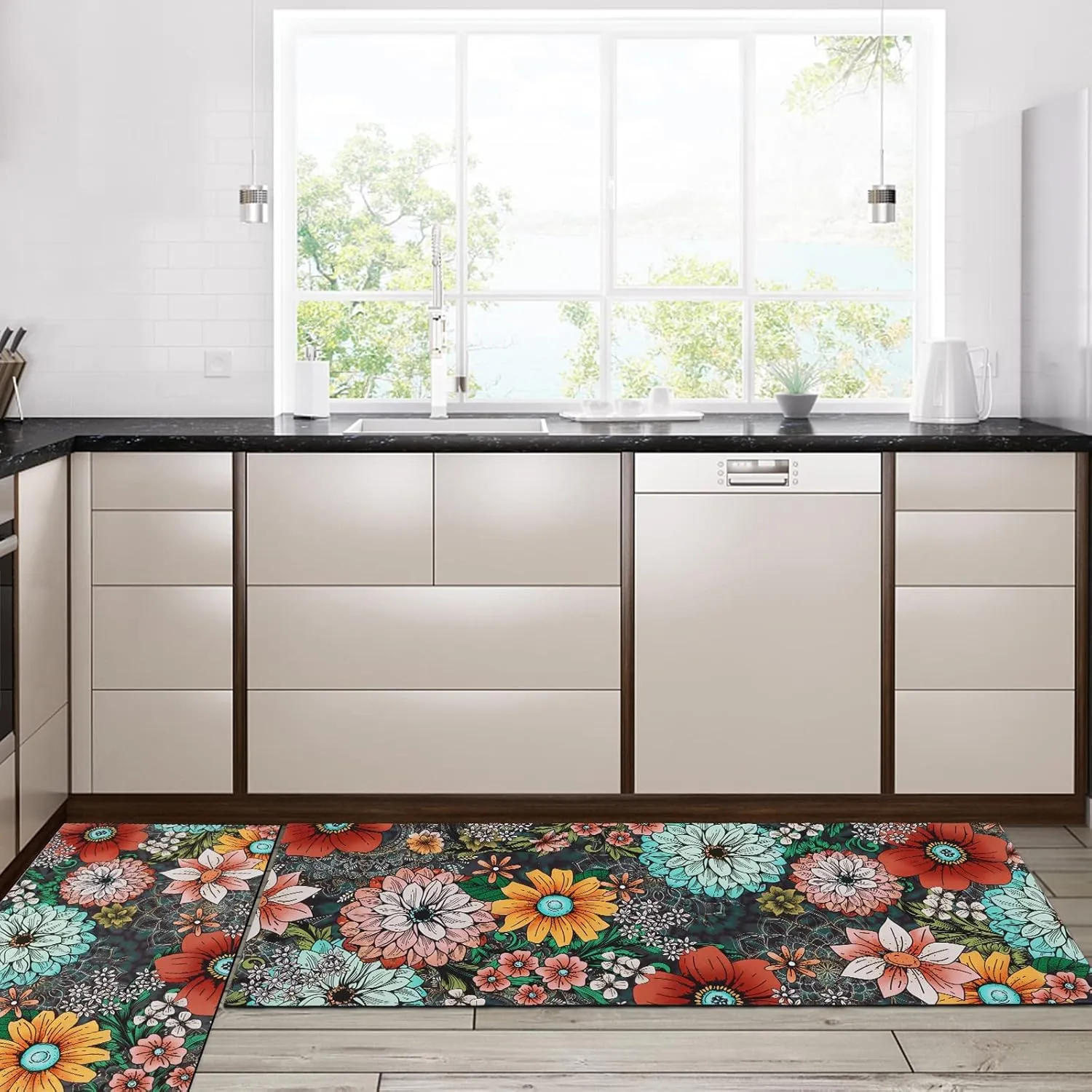 FRAMICS Kitchen Mats Sets 2 Piece, Cushioned Anti Fatigue Kitchen Mats, Washable Kitchen Rugs, Non-Slip Kitchen Floor Mats, Boho Floral Kitchen Rugs, Multicolor, 17.3"x30" 17.3"x47"