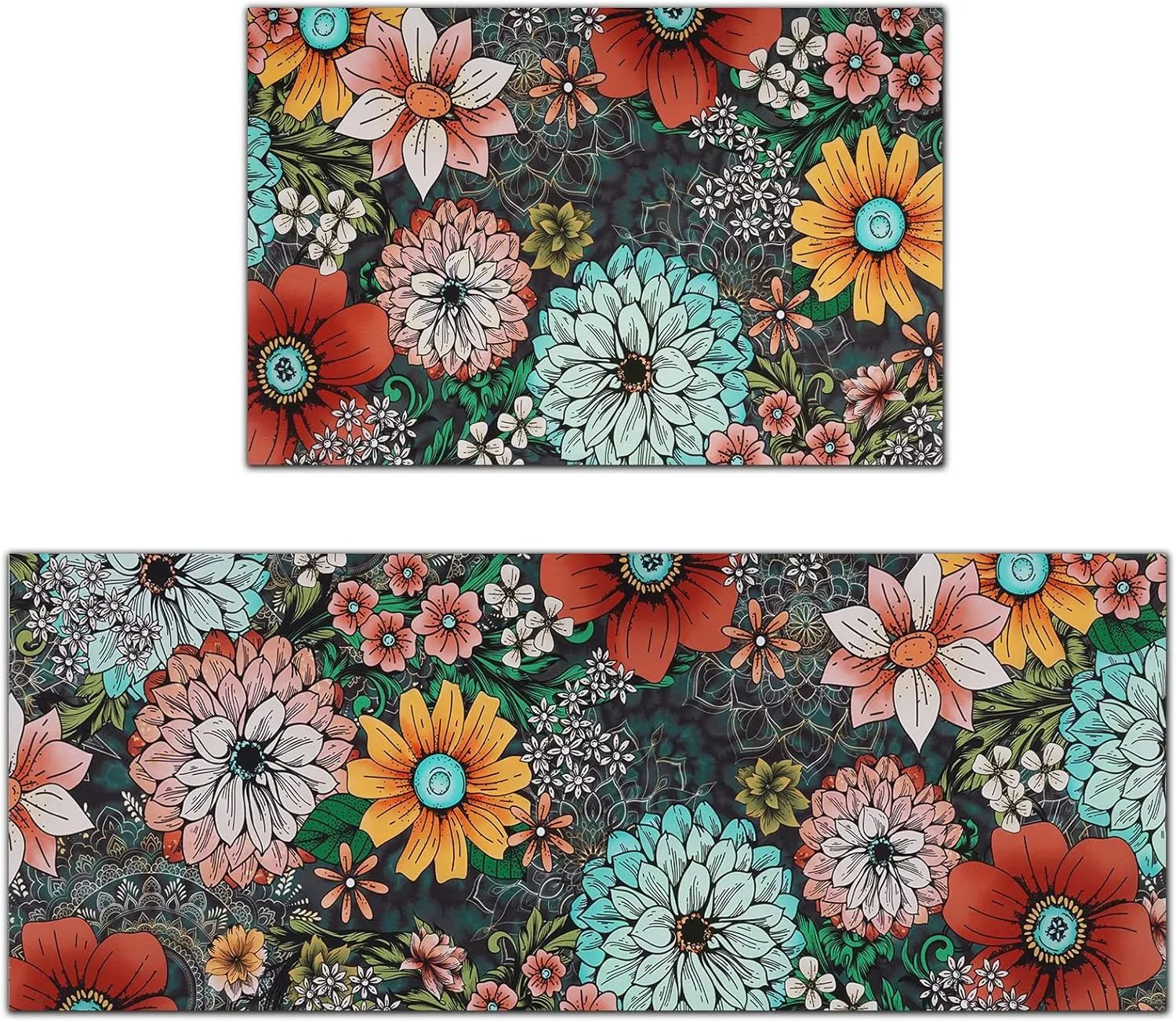 FRAMICS Kitchen Mats Sets 2 Piece, Cushioned Anti Fatigue Kitchen Mats, Washable Kitchen Rugs, Non-Slip Kitchen Floor Mats, Boho Floral Kitchen Rugs, Multicolor, 17.3"x30" 17.3"x47"