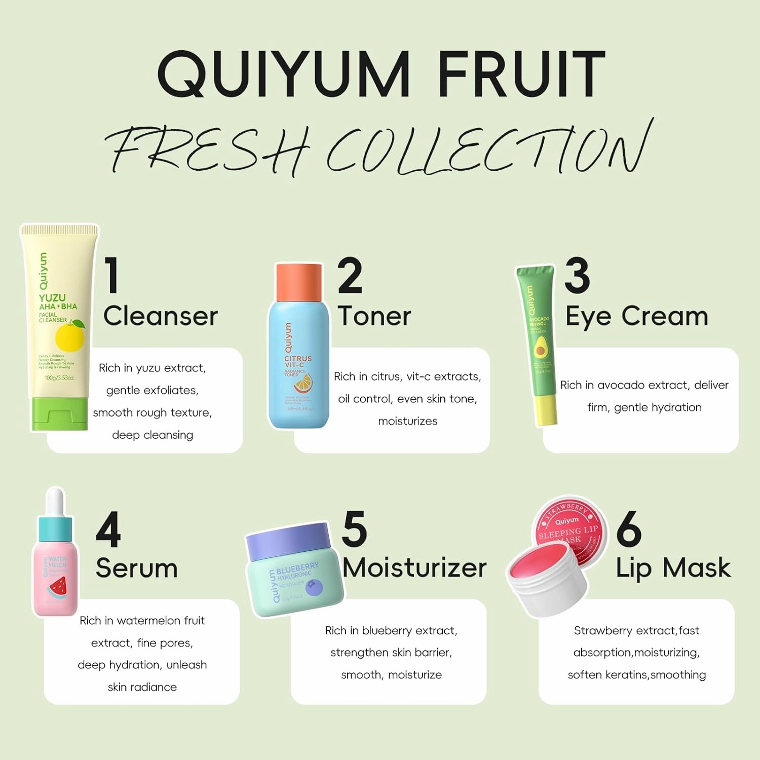 Fruit Skin Care Kit for Girls Teen, 6 Daily Routine Beauty Skincare Sets- Gift Set with Facial Cleanser, Vit-C Toner, Eye Cream, Hyaluronic Acid Cream, Serum, Lip Mask, Face Care Set for Travel