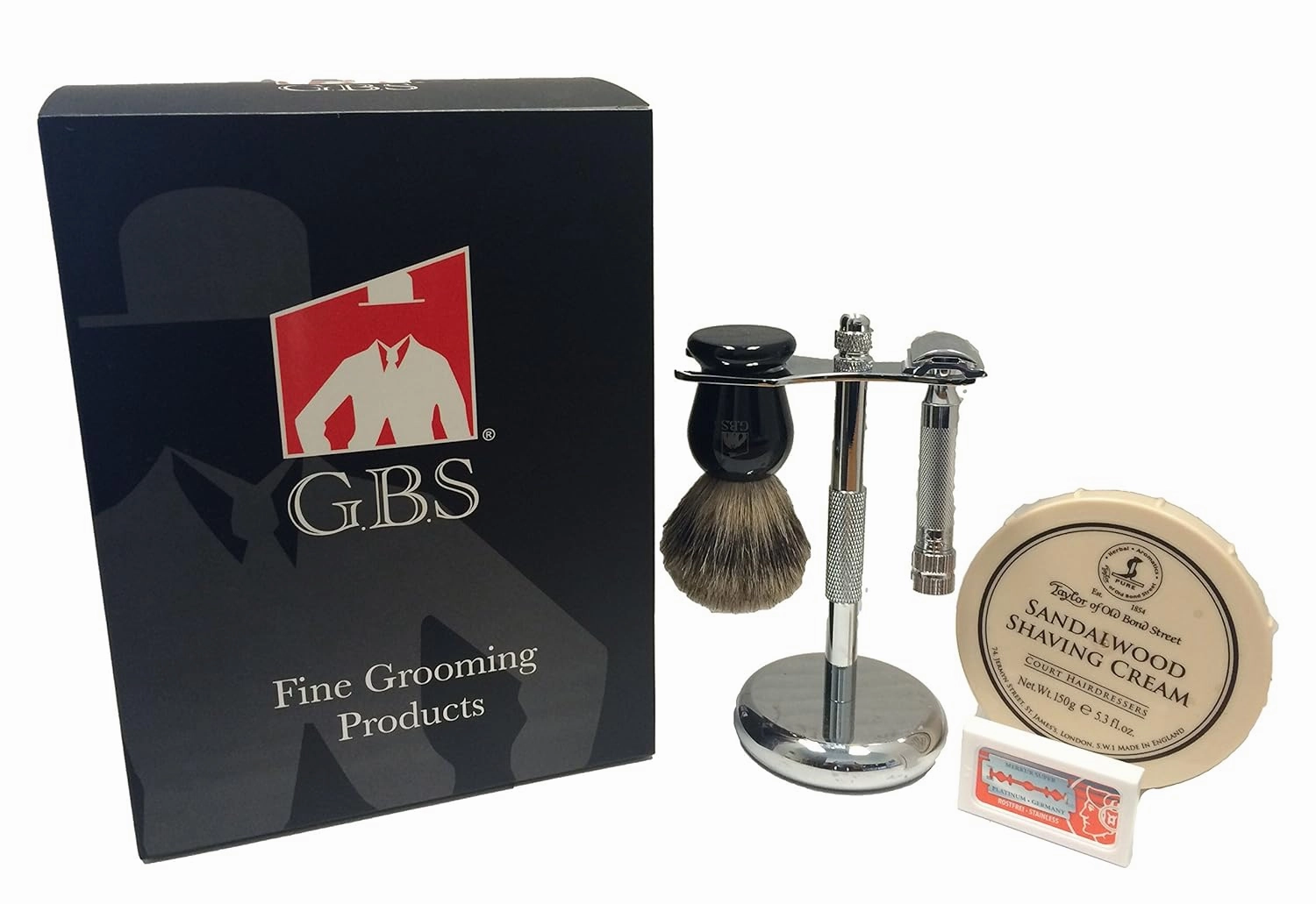 G.B.S Ultimate Men’s Shaving Set- 34C Heavy Duty Safety Razor, Badger Hair Shaving Brush, Taylor of Old Bond Street Shaving Cream, Brush and Razor Stand and Sharp Blades- For Men’s Grooming set