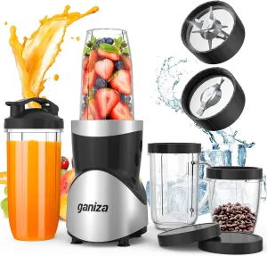 Ganiza Smoothie Blender, 900W Blender for Shakes and Smoothies, 15-Piece Personal Blender and Grinder Combo for Kitchen, Smoothies Maker with 4 BPA-Free Portable Blender Cup, Nutritious Recipe