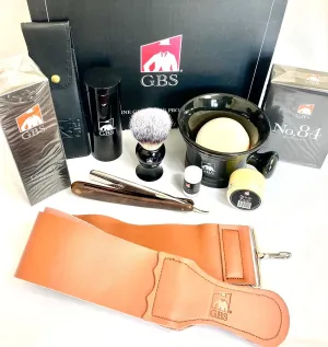 G.B.S Men's grooming Set - G.B.S 6/8" Razor Ceramic Shaving Mug, All-Natural Soap - Eau De Toilette, Aftershave Balm Styptic Powder, Leather case, Synthetic Brush with Travel Case, Strop & Paste.