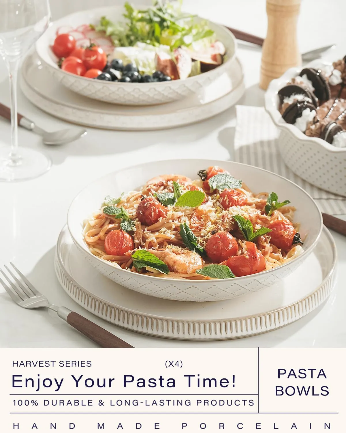 getstar Pasta Bowls, Large Salad Serving Bowls (9.2 inch/42 oz), Ceramic Bowl Plates Set of 4, Farmhouse Embossments, Microwave and Dishwasher Safe