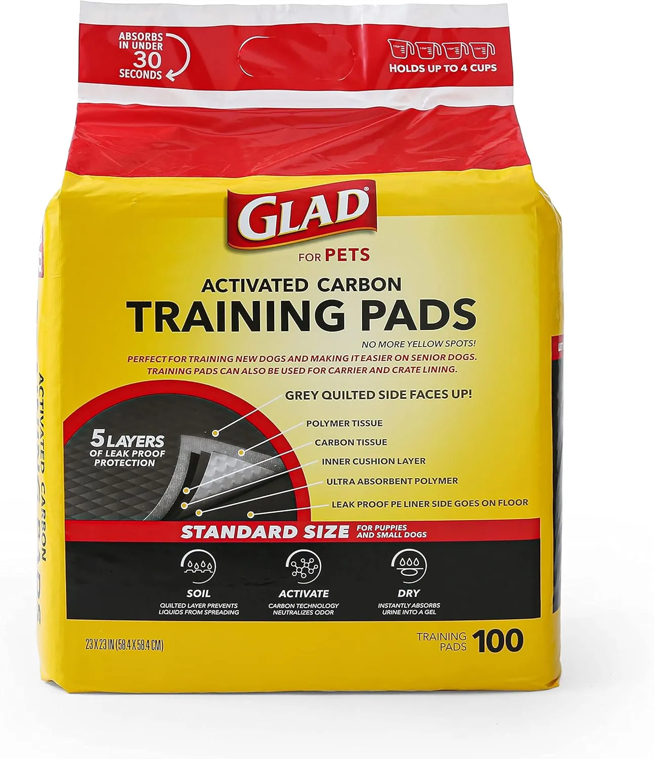 Glad for Pets Black Charcoal Puppy Pads, 23"x23" Disposable Pee Pad That Absorbs & Neutralizes Urine Instantly, Activated Carbon Training Pads For Dogs, Potty Training Supplies - 100 Count