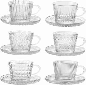 Glass Espresso Shot Cups with Saucers Set of 6, Clear Small Demitasse Cup with Stainless Steel Spoons, Dishwasher Safe Coffee Mugs for Tea Hot Chocolate Cappuccino, 5OZ/150ML, Mix