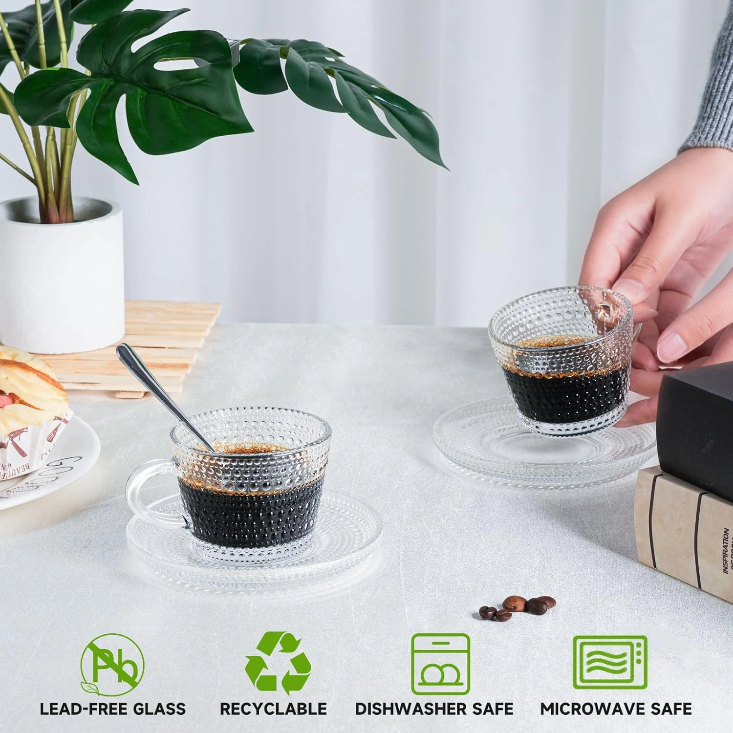 Glass Espresso Shot Cups with Saucers Set of 6, Clear Small Demitasse Cup with Stainless Steel Spoons, Dishwasher Safe Coffee Mugs for Tea Hot Chocolate Cappuccino, 5OZ/150ML, Mix
