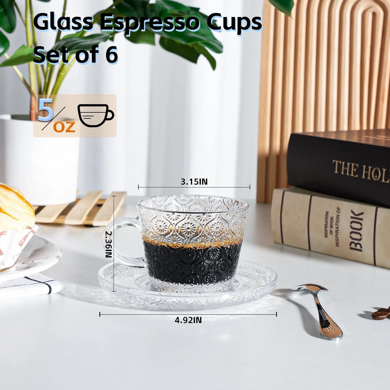 Glass Espresso Shot Cups with Saucers Set of 6, Clear Small Demitasse Cup with Stainless Steel Spoons, Dishwasher Safe Coffee Mugs for Tea Hot Chocolate Cappuccino, 5OZ/150ML, Mix