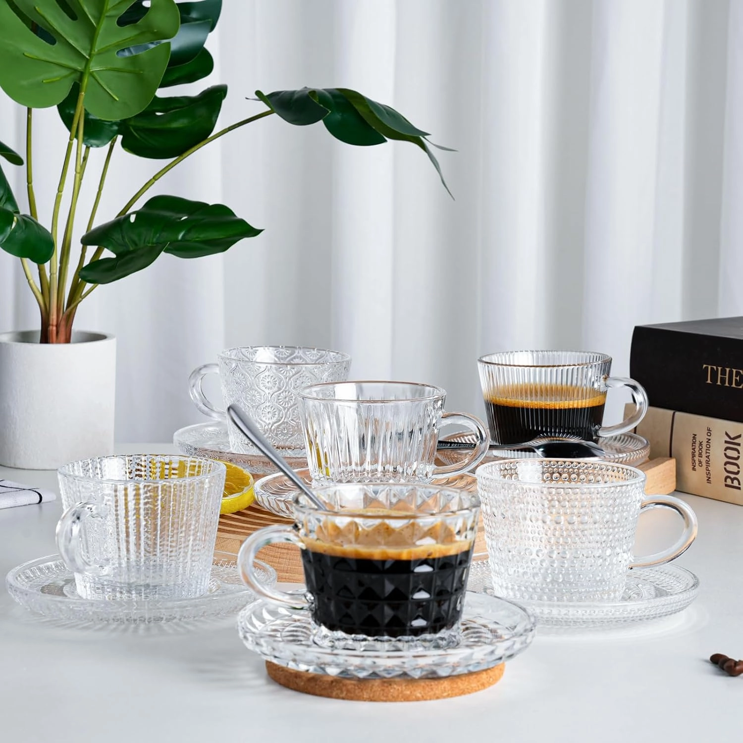 Glass Espresso Shot Cups with Saucers Set of 6, Clear Small Demitasse Cup with Stainless Steel Spoons, Dishwasher Safe Coffee Mugs for Tea Hot Chocolate Cappuccino, 5OZ/150ML, Mix