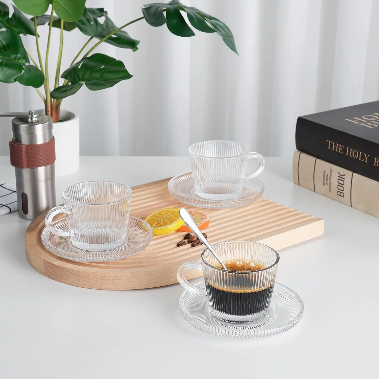 Glass Espresso Shot Cups with Saucers Set of 6, Clear Small Demitasse Cup with Stainless Steel Spoons, Dishwasher Safe Coffee Mugs for Tea Hot Chocolate Cappuccino, 5OZ/150ML, Stripe