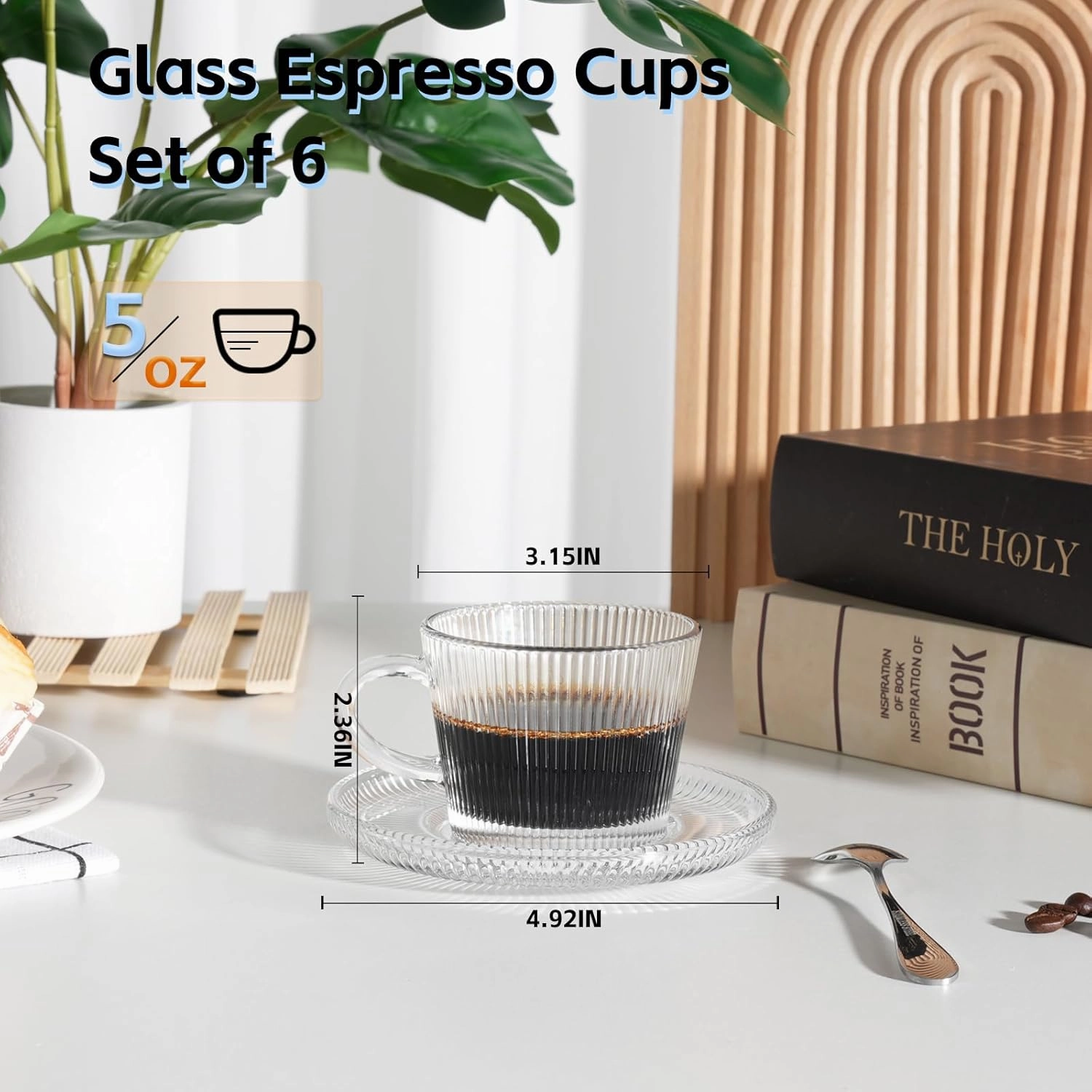 Glass Espresso Shot Cups with Saucers Set of 6, Clear Small Demitasse Cup with Stainless Steel Spoons, Dishwasher Safe Coffee Mugs for Tea Hot Chocolate Cappuccino, 5OZ/150ML, Stripe