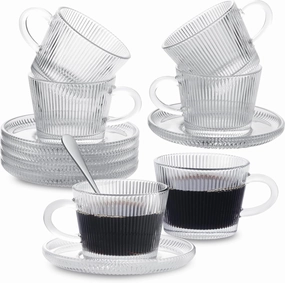 Glass Espresso Shot Cups with Saucers Set of 6, Clear Small Demitasse Cup with Stainless Steel Spoons, Dishwasher Safe Coffee Mugs for Tea Hot Chocolate Cappuccino, 5OZ/150ML, Stripe