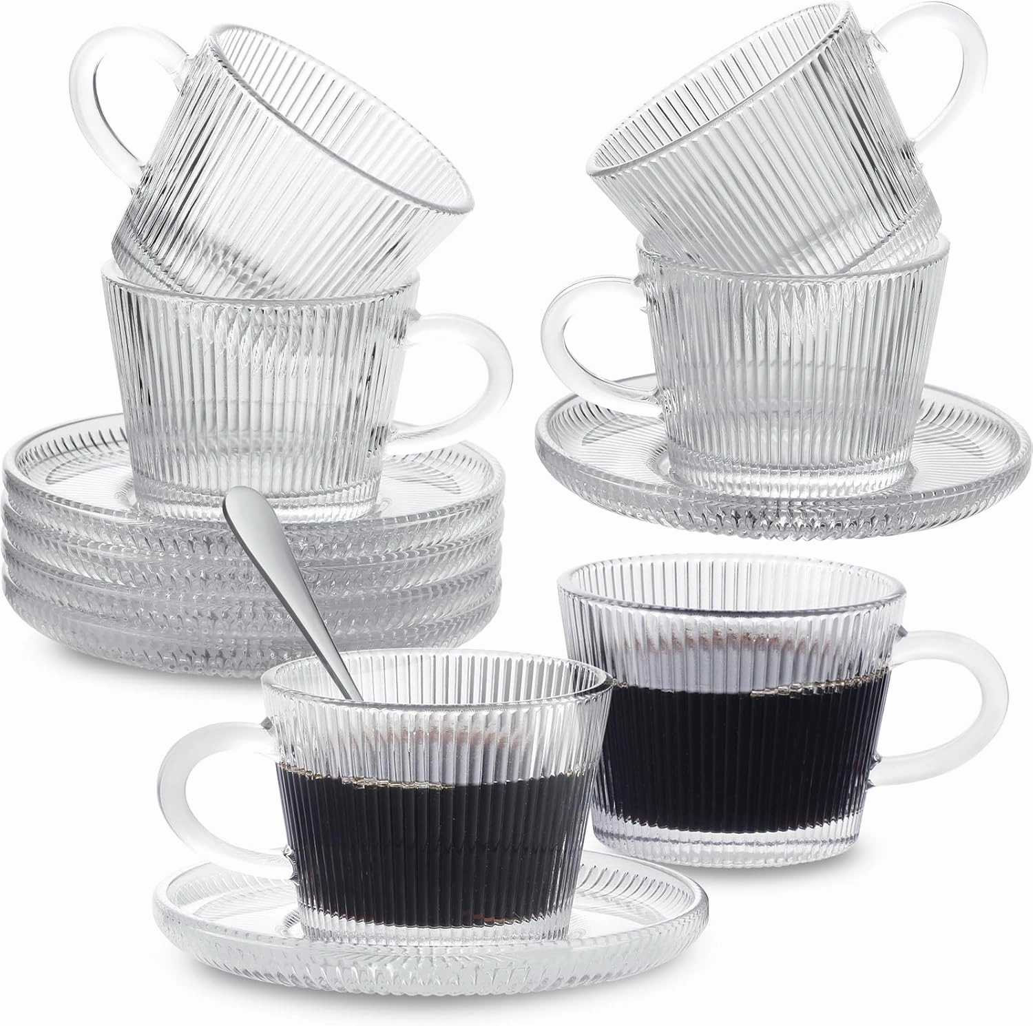 Glass Espresso Shot Cups with Saucers Set of 6, Clear Small Demitasse Cup with Stainless Steel Spoons, Dishwasher Safe Coffee Mugs for Tea Hot Chocolate Cappuccino, 5OZ/150ML, Stripe