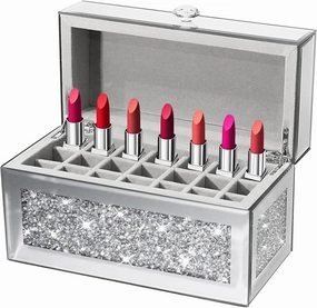 Glass Lipstick Organizer,21 Space Rollerball Perfume Organizer with Lid,Lip Gloss Organizer for Vanity, Crushed Diamond Home Decor