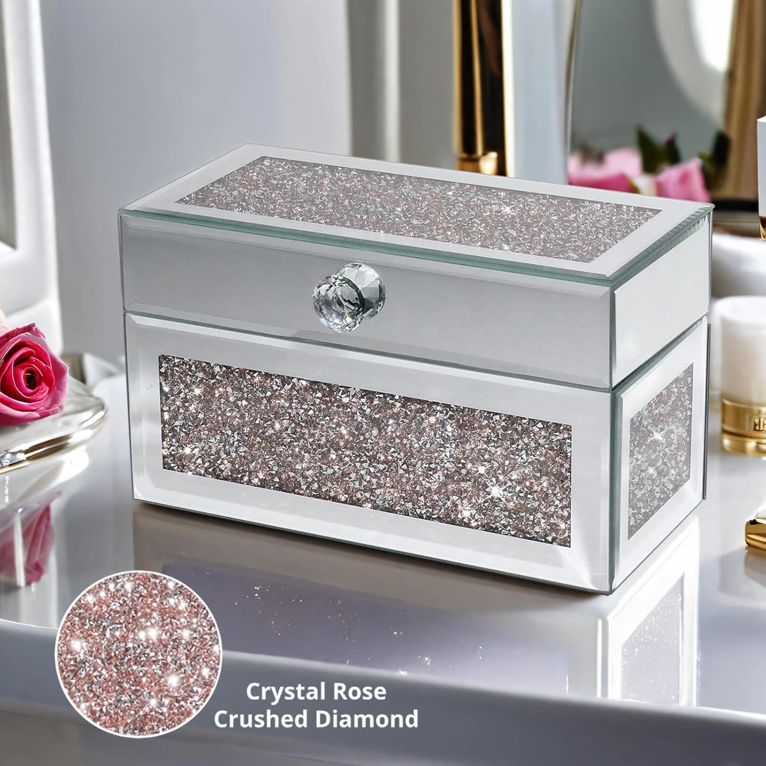Glass Lipstick Organizer with Lid,21 Space Rollerball Perfume Organizer,Lip Gloss Holder,Tall Scented Oil Storage Display Case,Crushed Diamond Home Decor