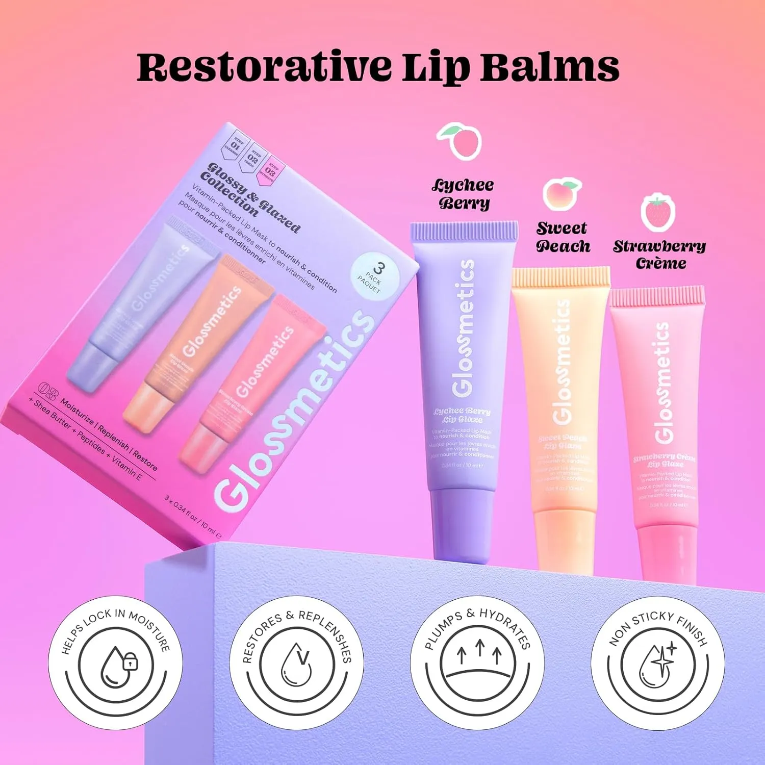 Glossmetics Glossy & Glazed Collection - Overnight Mask for Dry Lips, Fruit Butter Hydrating and Moisturizing Balm for Soft, Smooth Lips - Assorted Glaze, Pack of 3