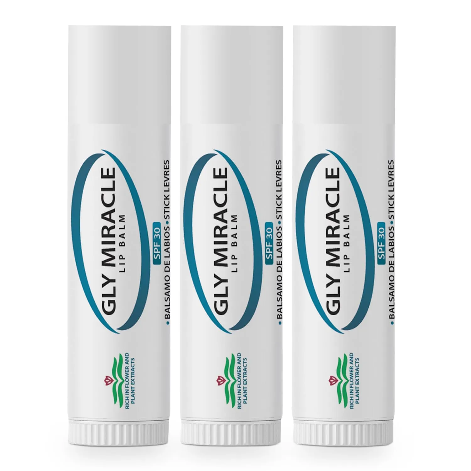 GLY MIRACLE Moisturizing Lip Balm Bundle of Three (3) SPF 30 Natural Elixir of Aloe Vera, Bees Wax, Coconut Oil, Lanolin, Shea Butter to help repair, protect, nourish and soften lips