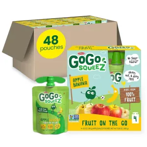 GoGo squeeZ Applesauce and Fruit Puree, Apple Banana, 3.2 oz (Pack of 48), Unsweetened Fruit Snacks for Kids, Gluten Free, Nut Free and Dairy Free, Recloseable Cap, BPA Free Pouches