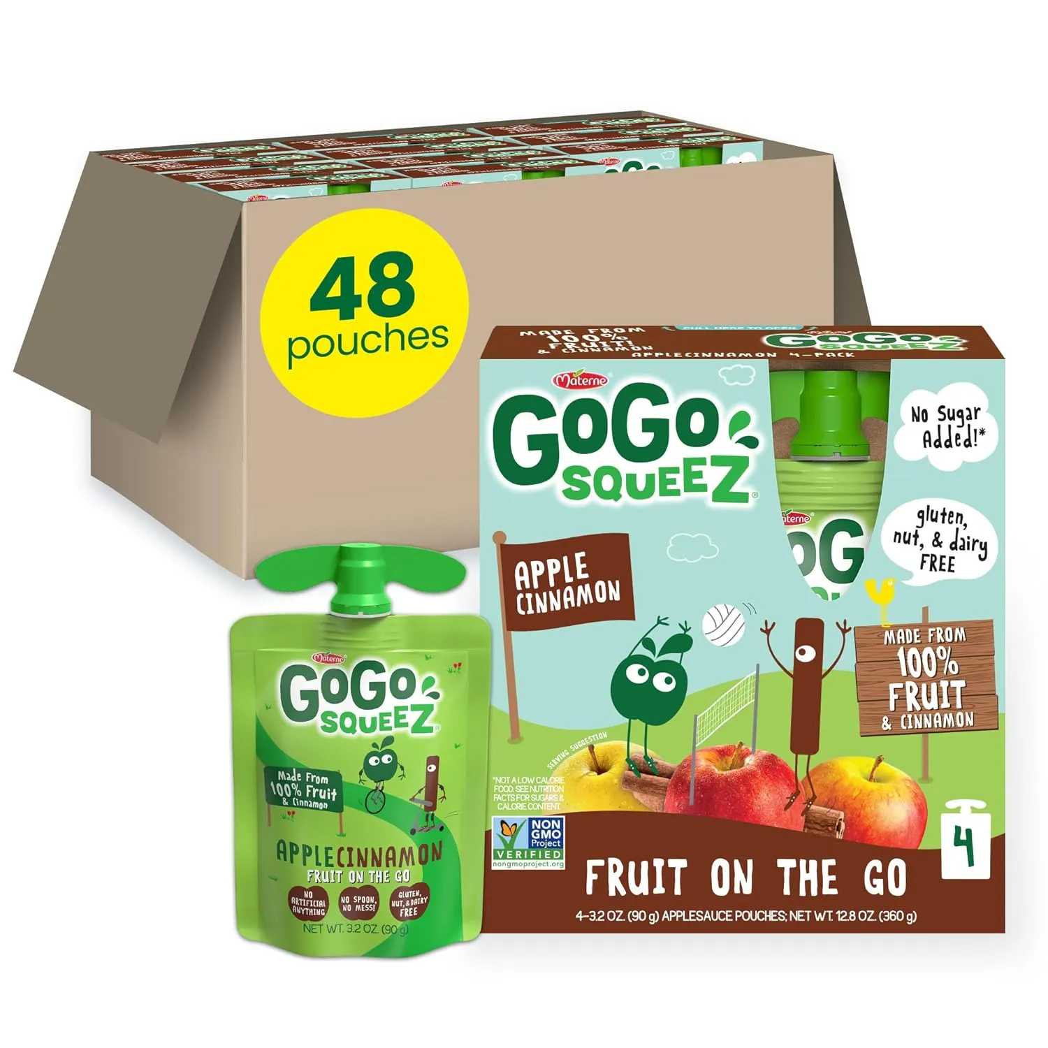 GoGo squeeZ Applesauce and Fruit Puree, Apple Cinnamon, 3.2 oz (Pack of 48), Unsweetened Fruit Snacks for Kids, Gluten Free, Nut Free and Dairy Free, Recloseable Cap, BPA Free Pouches