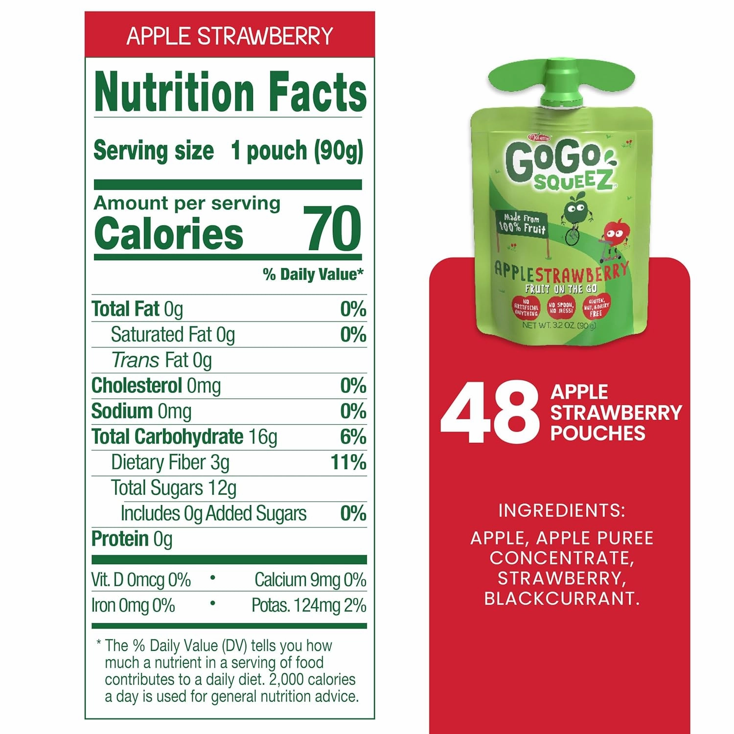 GoGo squeeZ Applesauce and Fruit Puree, Apple Strawberry, 3.2 oz (Pack of 48), Unsweetened Fruit Snacks for Kids, Gluten Free, Nut Free and Dairy Free, Recloseable Cap, BPA Free Pouches