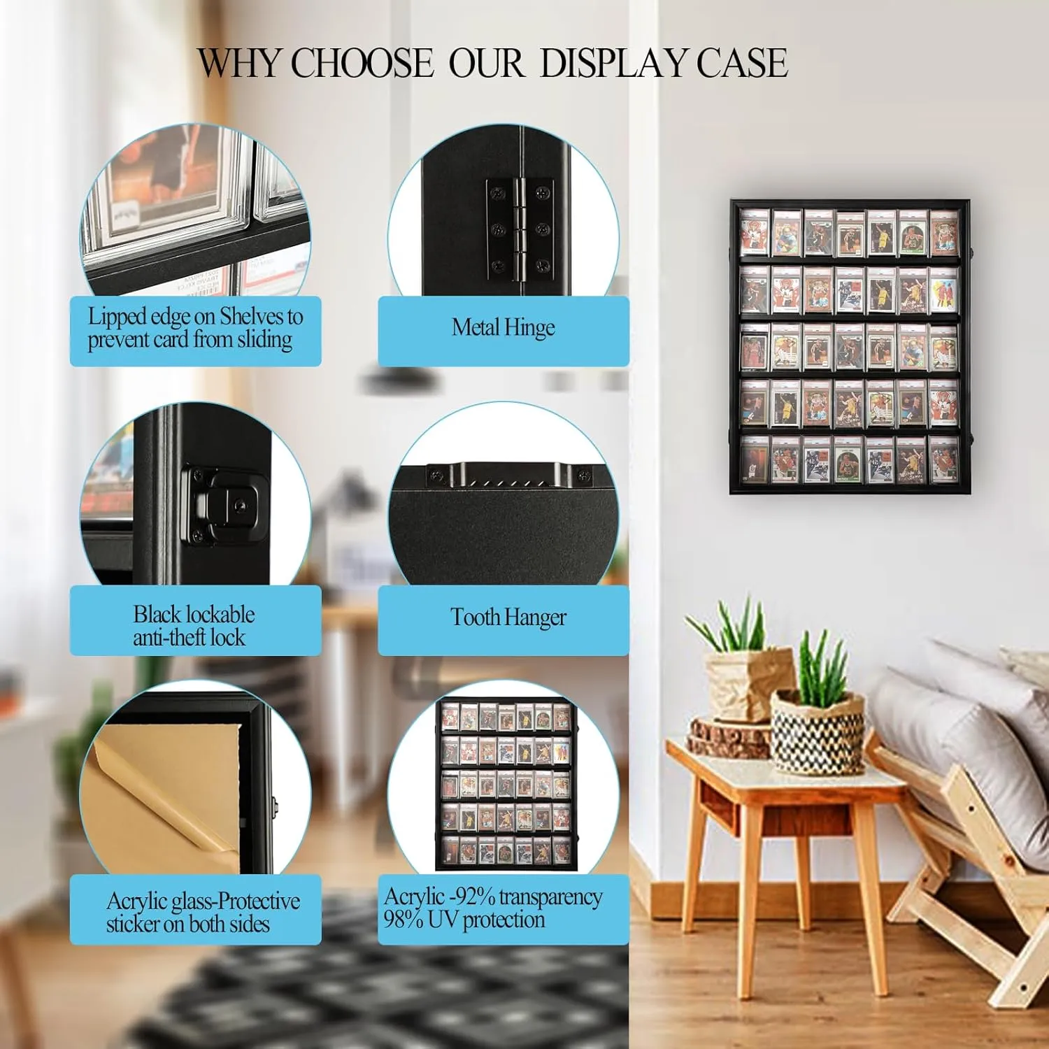 Graded Sports Card Display Case - 35 Baseball Card Display Case - Lockable Trading Card Frame Wall Display with UV Protection for Football Basketball Hockey Cards,Black