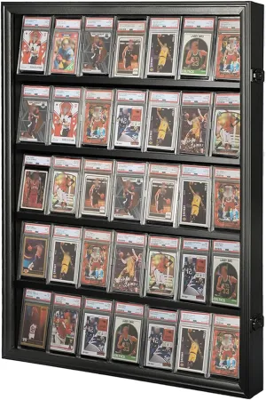 Graded Sports Card Display Case - 35 Baseball Card Display Case - Lockable Trading Card Frame Wall Display with UV Protection for Football Basketball Hockey Cards,Black
