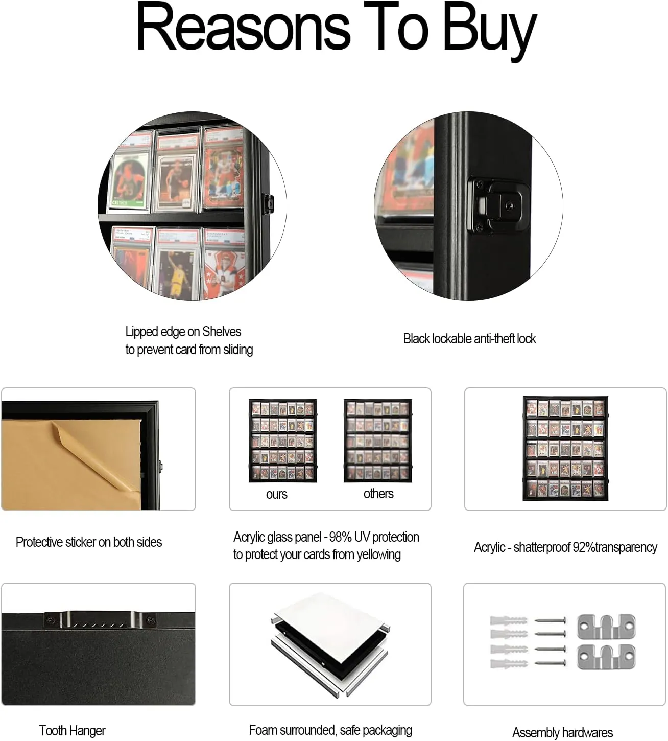 Graded Sports Card Display Case - 35 Baseball Card Display Case - Lockable Trading Card Frame Wall Display with UV Protection for Football Basketball Hockey Cards,Black