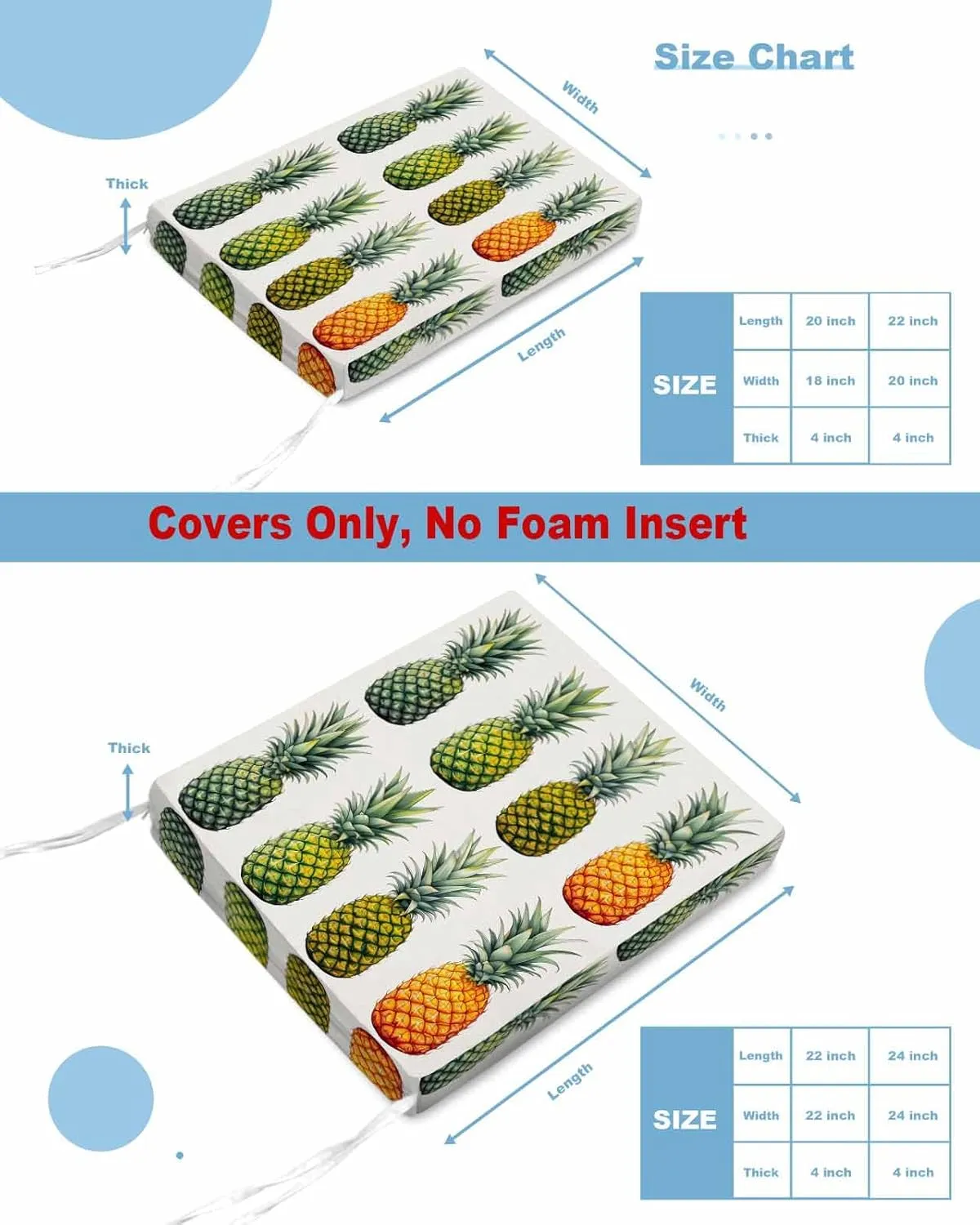 Gradient Pineapple Outdoor Cushion Chair Cover Set of 2 - Waterproof Couch Seat Covers, Watercolor Modern Fruit Patio Furniture Protector Cushions Slipcovers for Sofa/RV, 22"x22"x4"
