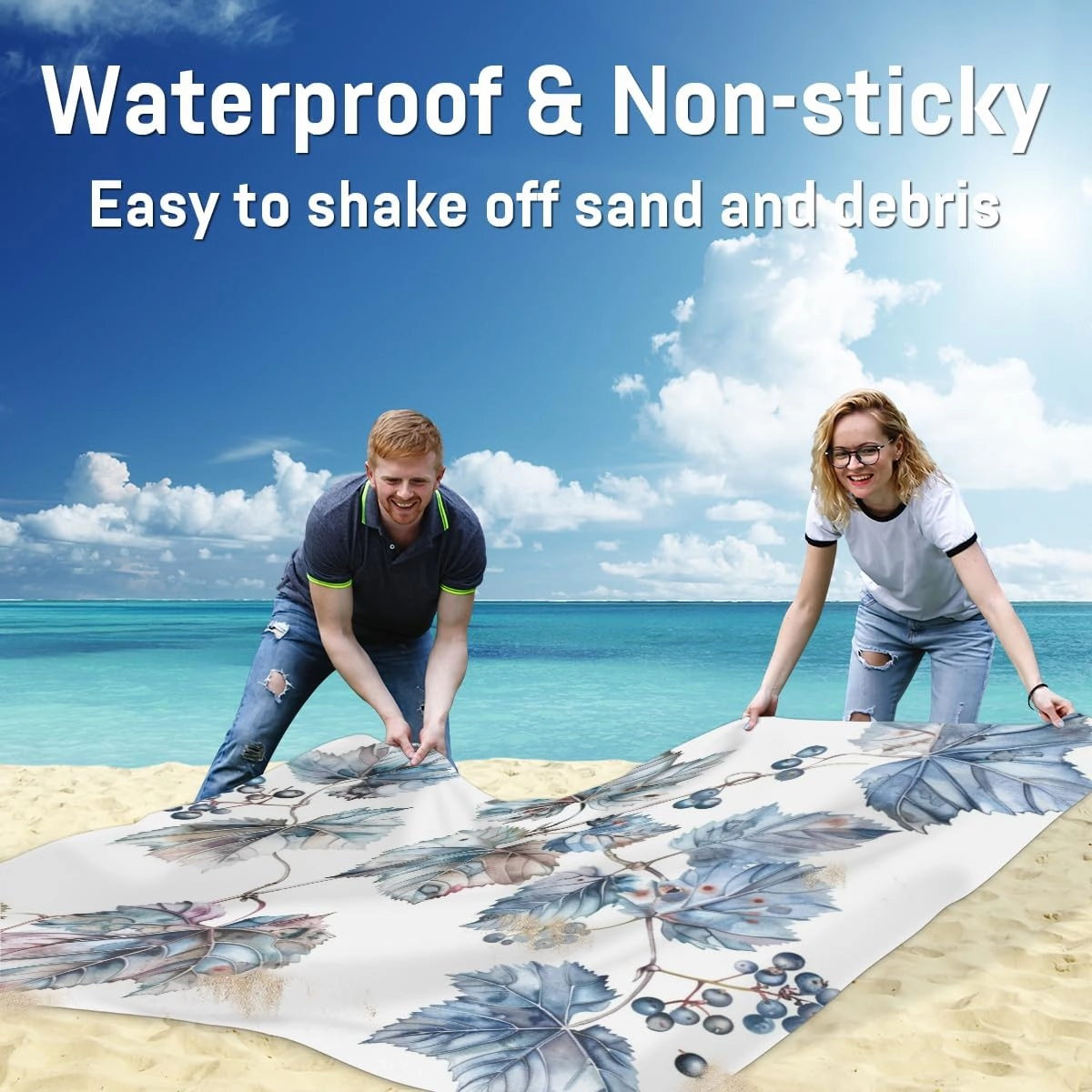 Grapes Fruit Beach Blanket, Sandproof Beach Mat, Adults Waterproof Quick Drying Sand Free Mat with 4 x Ground Spikes for Outdoor Travel Camping Hiking, Grape Leaves
