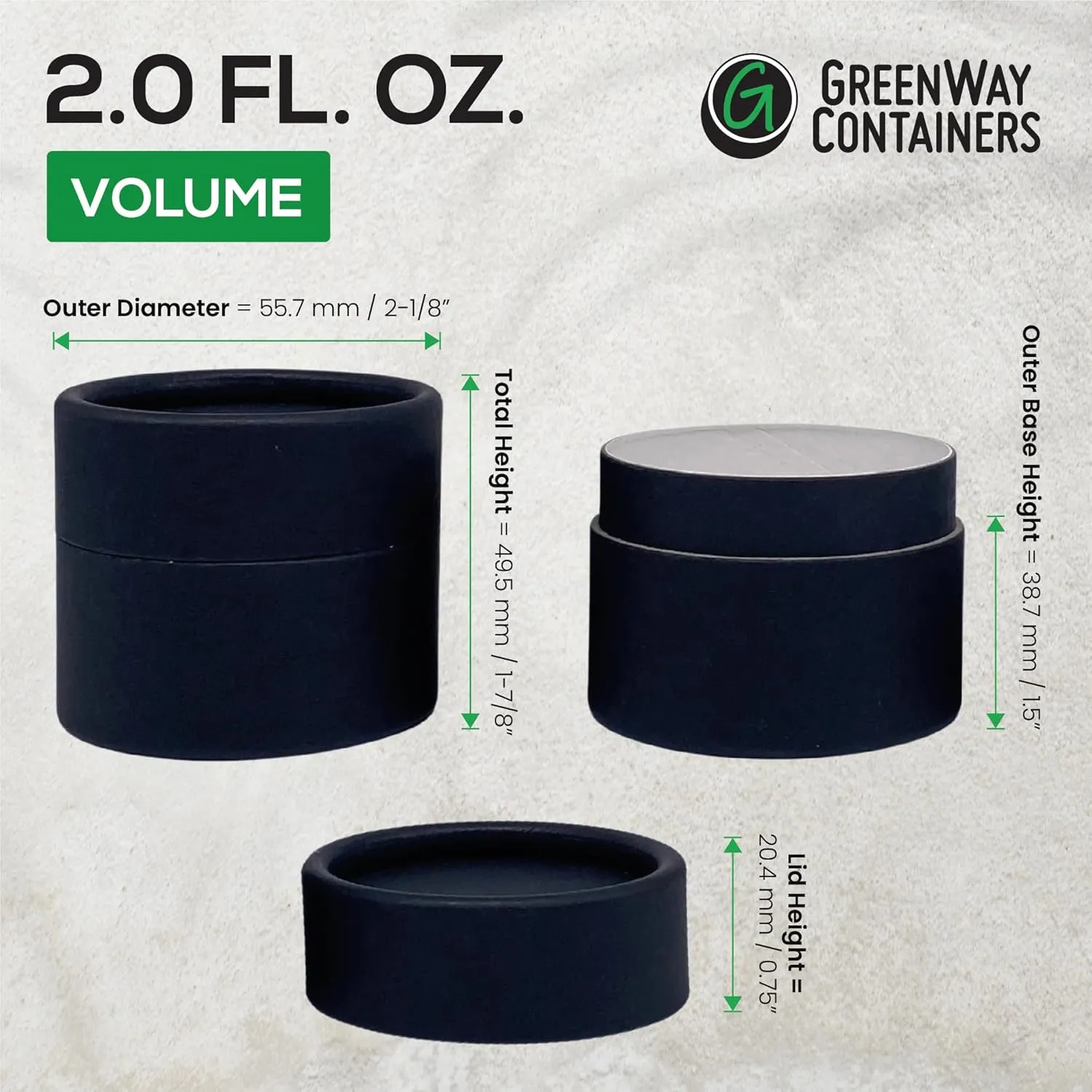 GreenWay 2oz / 60g Kraft Paperboard Empty Jars with Lids - 6 Pack Biodegradable Jars Refillable DIY Cosmetic Containers – Wax Lined Packaging Containers with Snug-Fitting Caps - Black
