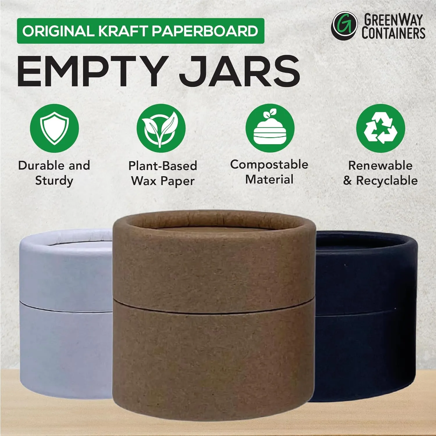 GreenWay 2oz / 60g Kraft Paperboard Empty Jars with Lids - 6 Pack Biodegradable Jars Refillable DIY Cosmetic Containers – Wax Lined Packaging Containers with Snug-Fitting Caps - Black