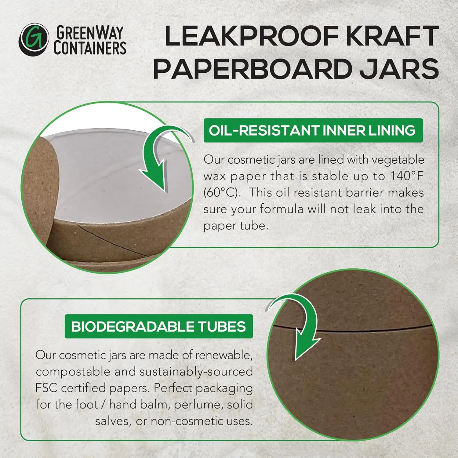 GreenWay 2oz / 60g Kraft Paperboard Empty Jars with Lids - 6 Pack Biodegradable Jars Refillable DIY Cosmetic Containers – Wax Lined Packaging Containers with Snug-Fitting Caps - Black