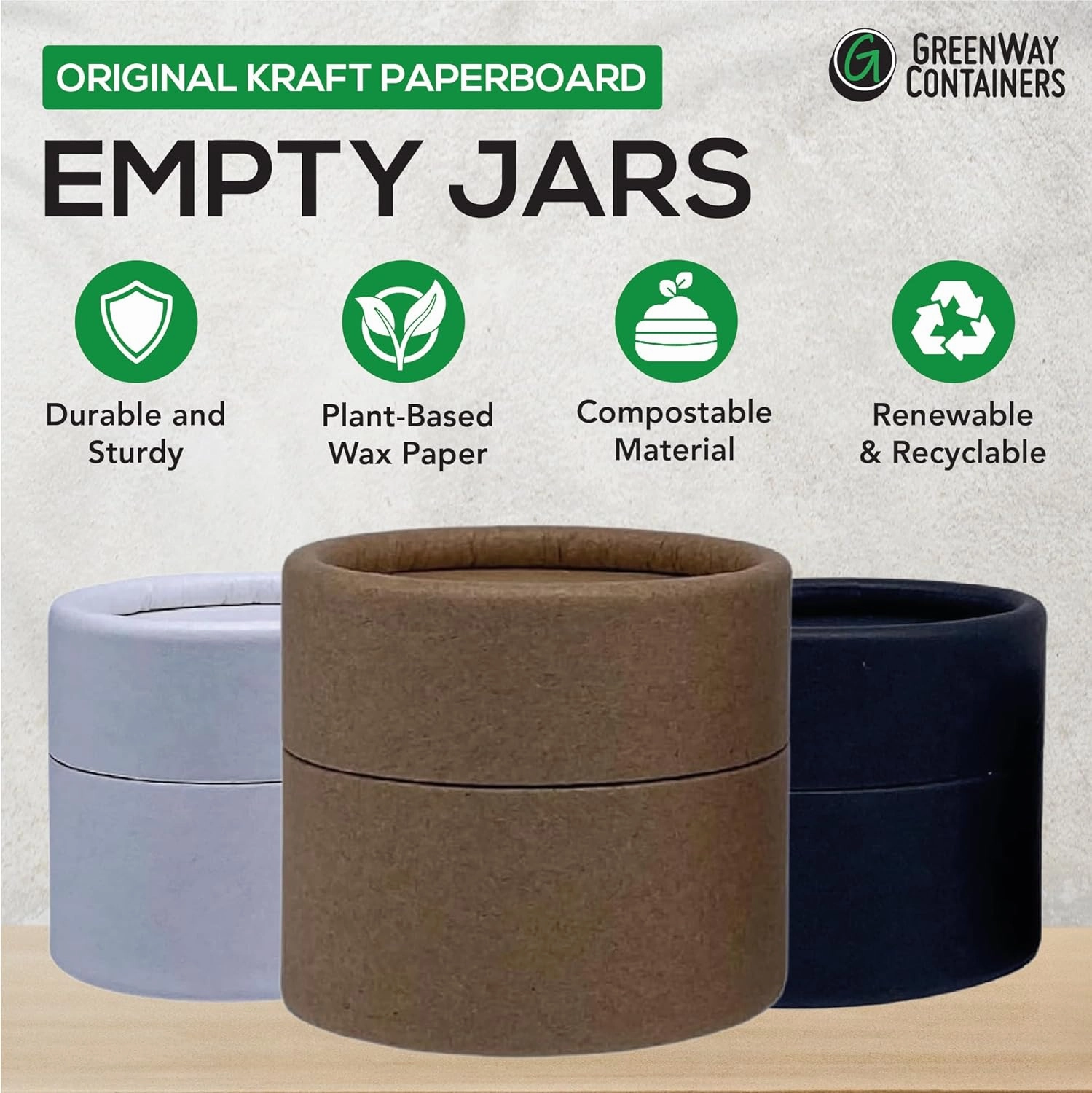 GreenWay 2oz / 60g Kraft Paperboard Empty Jars with Lids - 6 Pack Biodegradable Jars Refillable DIY Cosmetic Containers – Wax Lined Packaging Containers with Snug-Fitting Caps - White