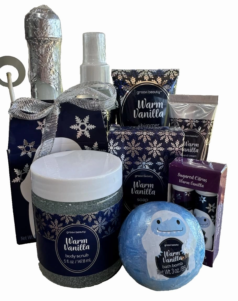 Groovy 9 Piece Bath & Body Self Care Pack in Warm Vanilla Includes Bubble Bath, Shimmer Body Mist, Shimmer Body Lotion, Bath Confetti, Body Scrub, Lip Balm Duo, Bath Bomb, Hand Cream, Soap