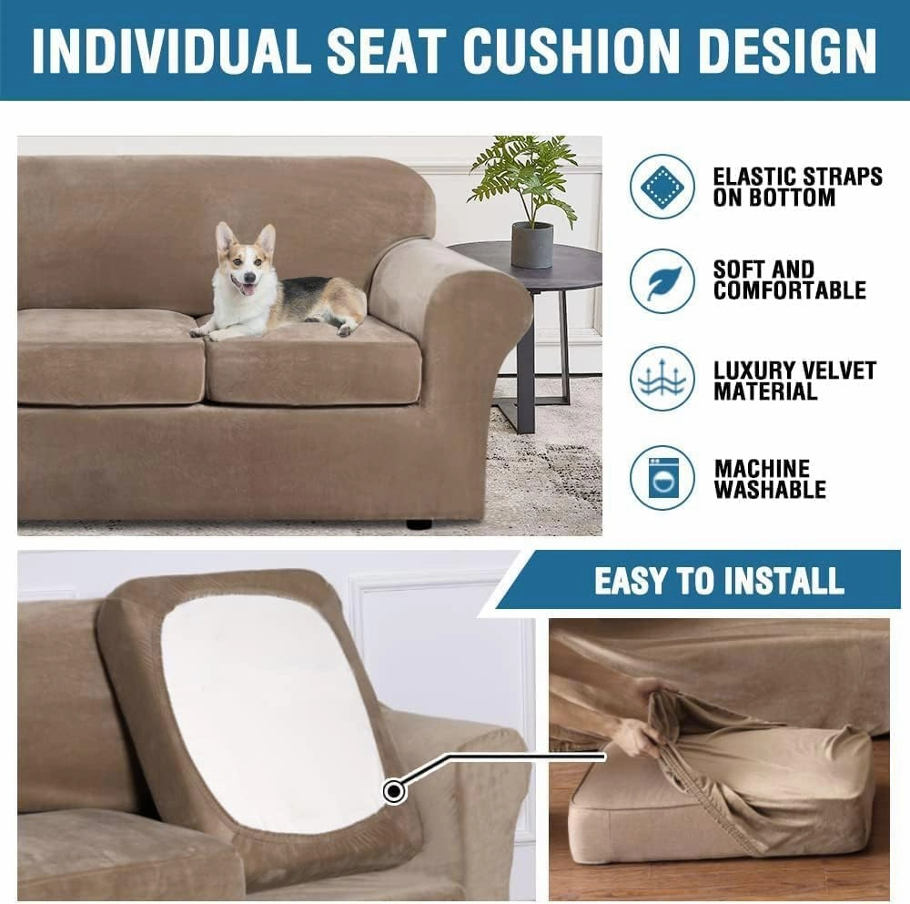 H.VERSAILTEX Real Velvet Plush 3 Piece Stretch Sofa Covers Couch Covers for 2 Cushion Couch Loveseat Covers Width Up to 72 Inch Feature Thick Soft Stay in Place (Medium Sofa, Camel)