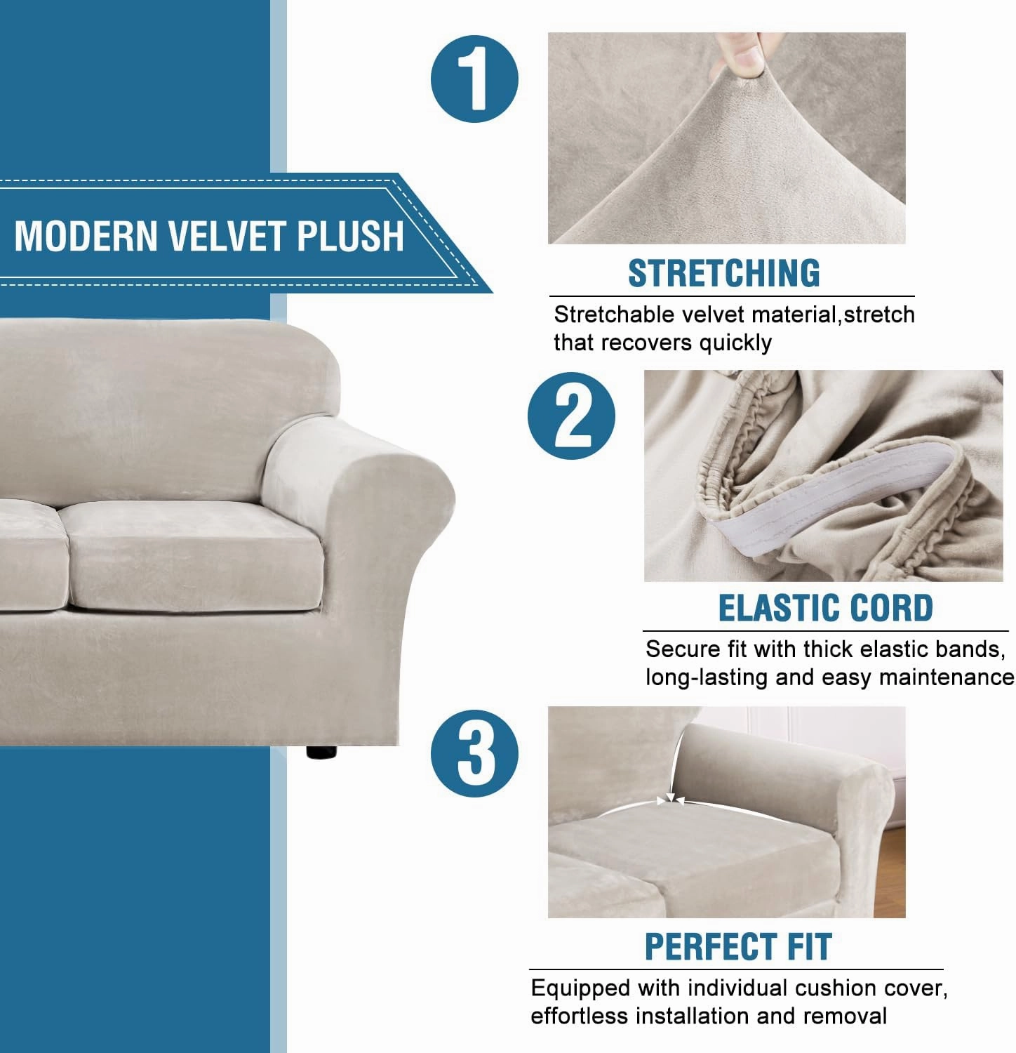 H.VERSAILTEX Velvet 4 Piece High Stretch Sofa Slipcover Cover Furniture Protector Form Fit Luxury Thick Velvet Extra Large Sofa Cover for 3 Cushion Couch Width Up to 97 Inch (XL Sofa, Oatmeal)