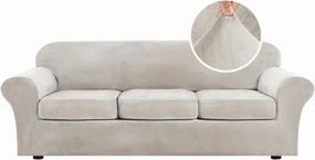 H.VERSAILTEX Velvet 4 Piece High Stretch Sofa Slipcover Cover Furniture Protector Form Fit Luxury Thick Velvet Extra Large Sofa Cover for 3 Cushion Couch Width Up to 97 Inch (XL Sofa, Oatmeal)