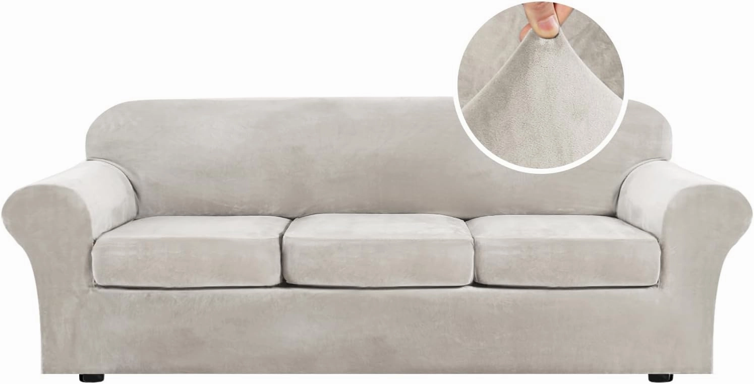 H.VERSAILTEX Velvet 4 Piece High Stretch Sofa Slipcover Cover Furniture Protector Form Fit Luxury Thick Velvet Extra Large Sofa Cover for 3 Cushion Couch Width Up to 97 Inch (XL Sofa, Oatmeal)