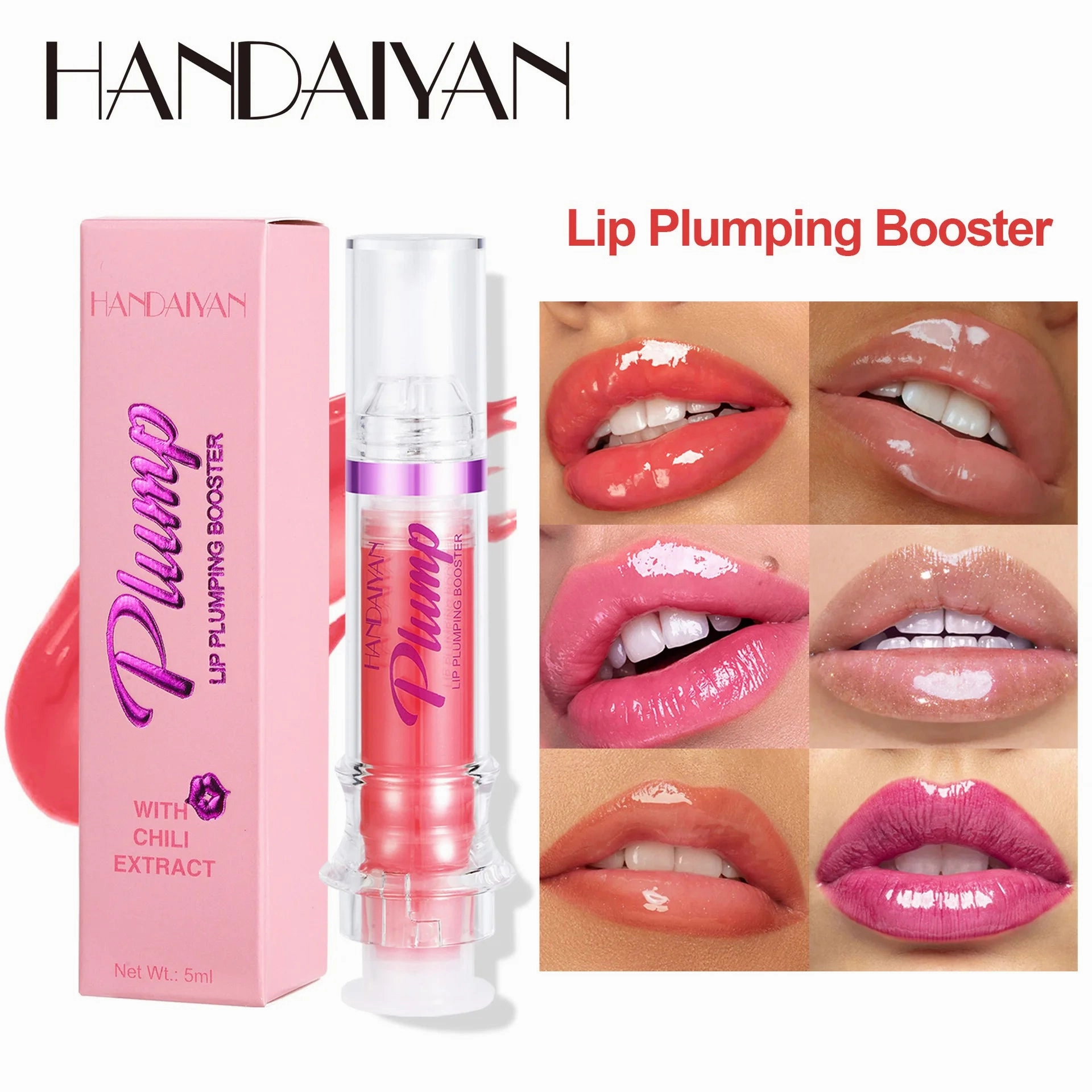 Handaiyan Lip Plumping Booster Sexy Plumper Glitter Red Nude Lipstick Liquid Waterproof Moisturize Oil Lipgloss Makeup