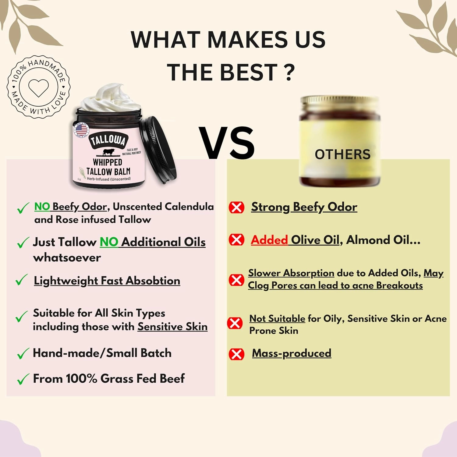 Handmade Whipped Tallow Balm for face and Body Organic Tallow Face Moisturizer Grass Fed Tallow Face Cream for Skin Body Butter for Sensitive-Skin, Eczema, Rosacea, Baby (Herb-Infused (Unscented))