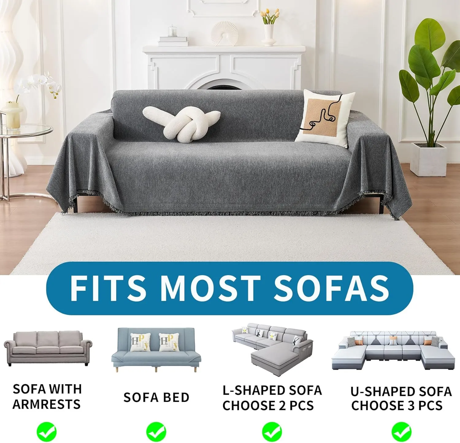 HAOMAIJIA Non Slip Couch Cover Sofa Covers for 3 Cushion Couch Washable sectional Couch Covers for Dogs pet Furniture Protector Couch Cover Blanket for Living Room (Grey, 91"x118")