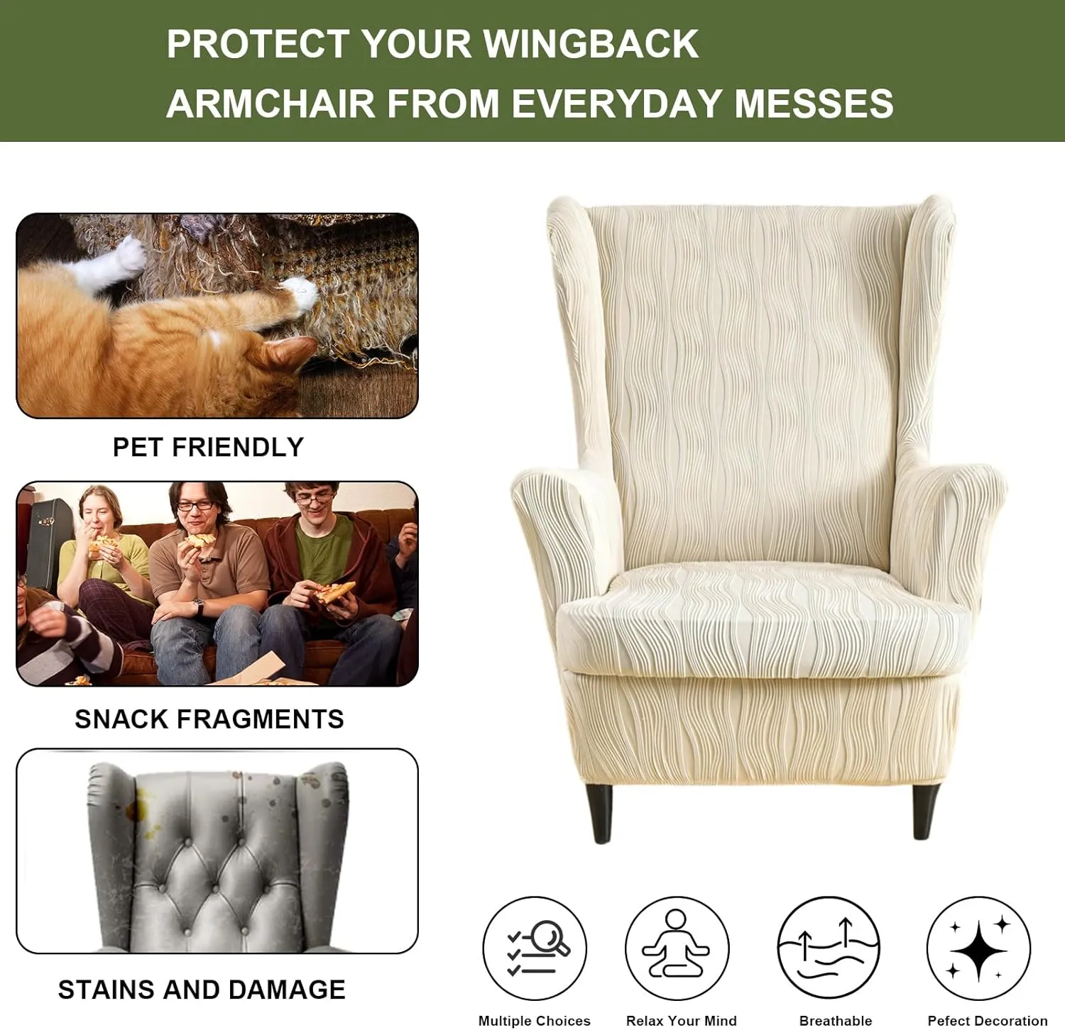HAOYONG Wingback Chair Slipcovers Elastic Jacquard Wing Chair Covers 2 Pieces Wingback Armchair Slipcover Stretch Chair Slip Covers Washable Armchair Protector Cover for Living Room and Bedroom