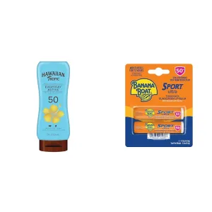 Hawaiian Tropic Everyday Active Lotion Sunscreen SPF 50, 8oz & Banana Boat Sport Ultra SPF 50 Lip Sunscreen Twin Pack | SPF Lip Balm Pack, Banana Boat Lip Balm SPF 50, Oxybenzone Free
