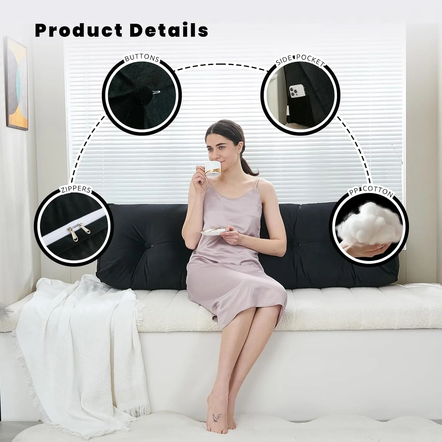 Headboard Pillow for Bed,Triangular Wedge Pillow Headboard Soft Support While Reading and Resting,Bed Bolster Cushion Headboard with Removable Cover,Black, King (76"x8"x20")