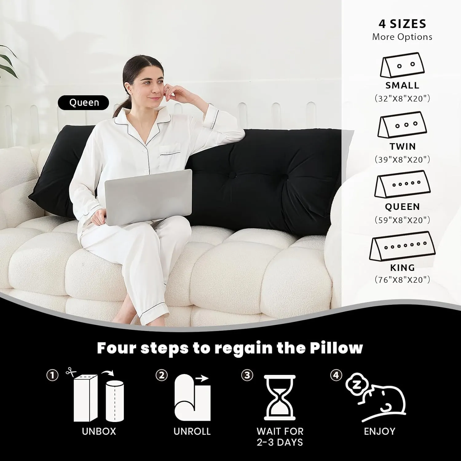 Headboard Pillow for Bed,Triangular Wedge Pillow Headboard Soft Support While Reading and Resting,Bed Bolster Cushion Headboard with Removable Cover,Black, King (76"x8"x20")