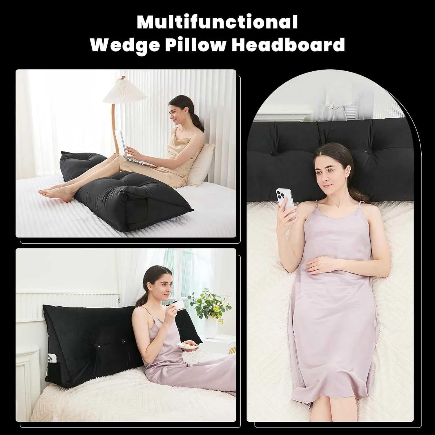 Headboard Pillow for Bed,Triangular Wedge Pillow Headboard Soft Support While Reading and Resting,Bed Bolster Cushion Headboard with Removable Cover,Black, King (76"x8"x20")