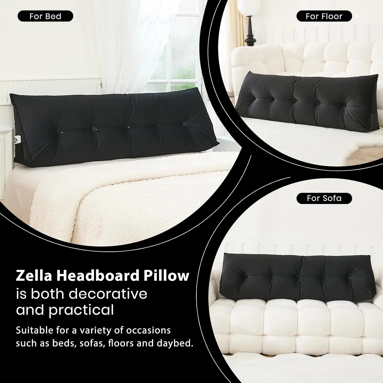 Headboard Pillow for Bed,Triangular Wedge Pillow Headboard Soft Support While Reading and Resting,Bed Bolster Cushion Headboard with Removable Cover,Black, King (76"x8"x20")