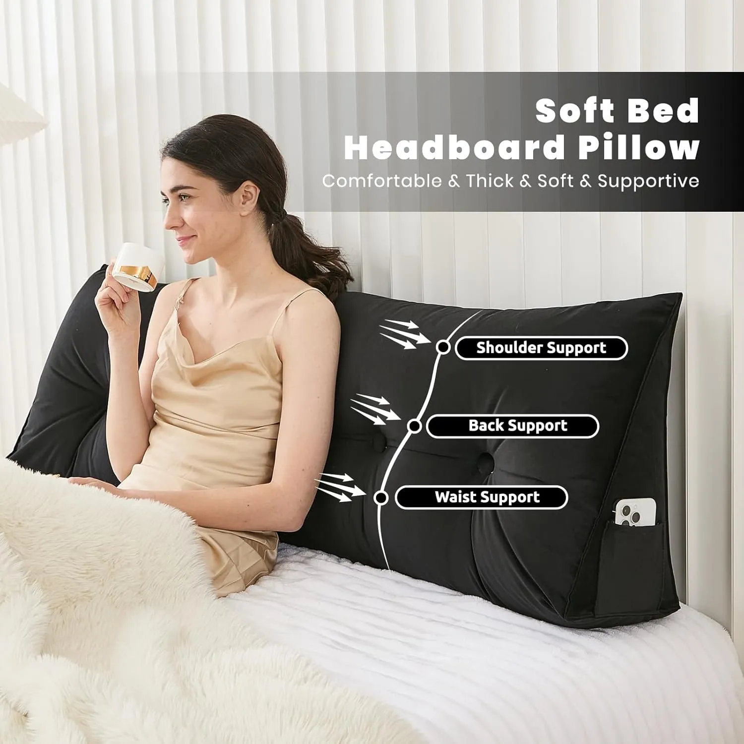 Headboard Pillow for Bed,Triangular Wedge Pillow Headboard Soft Support While Reading and Resting,Bed Bolster Cushion Headboard with Removable Cover,Black, King (76"x8"x20")